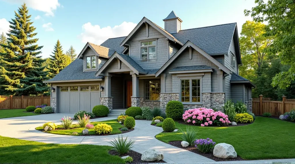 gray siding, garden oasis, home exterior, landscape design, color harmony