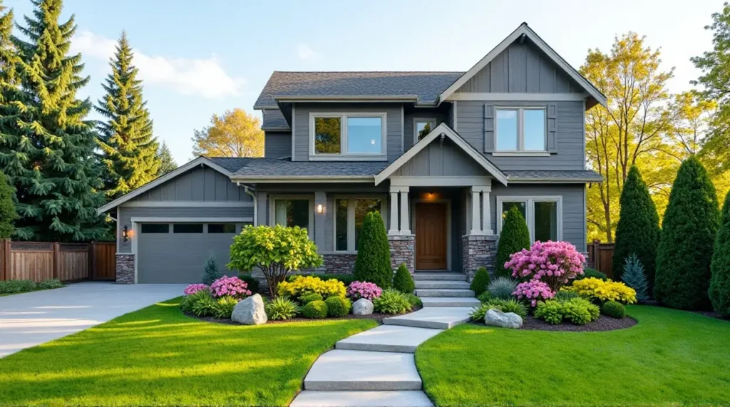 gray siding, garden oasis, home exterior, landscape design, color harmony