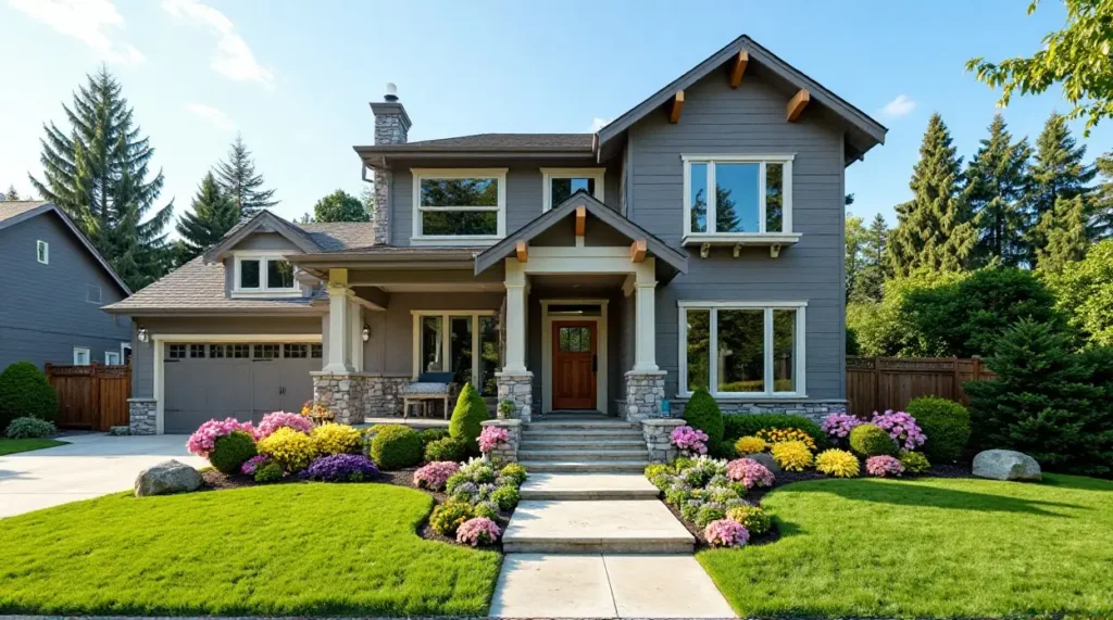 gray siding, garden oasis, home exterior, landscape design, color harmony