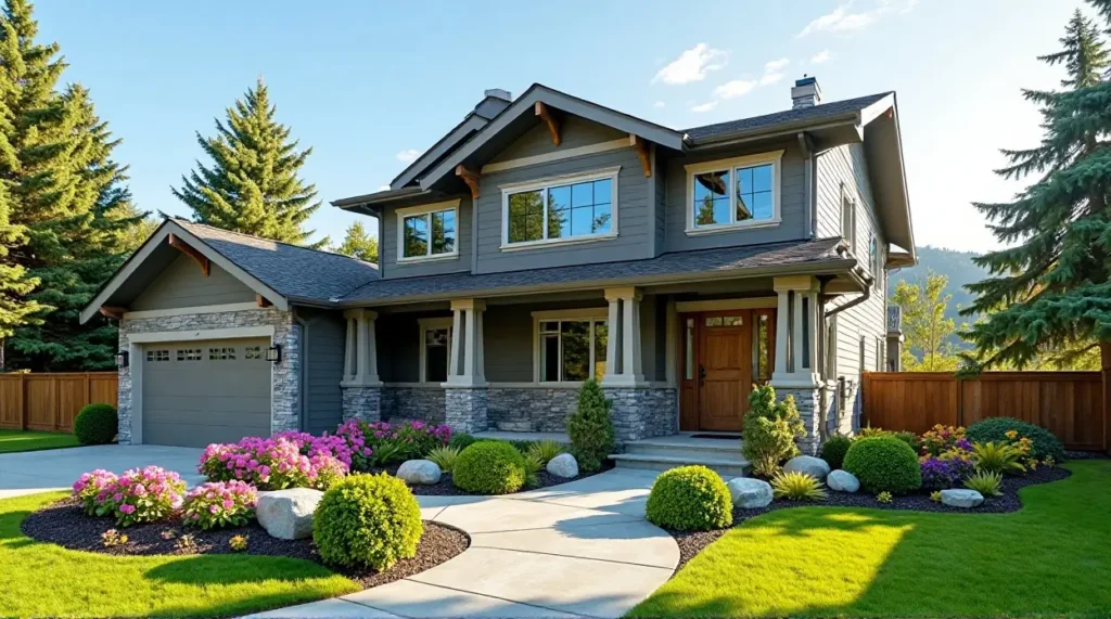 gray siding, garden oasis, home exterior, landscape design, color harmony