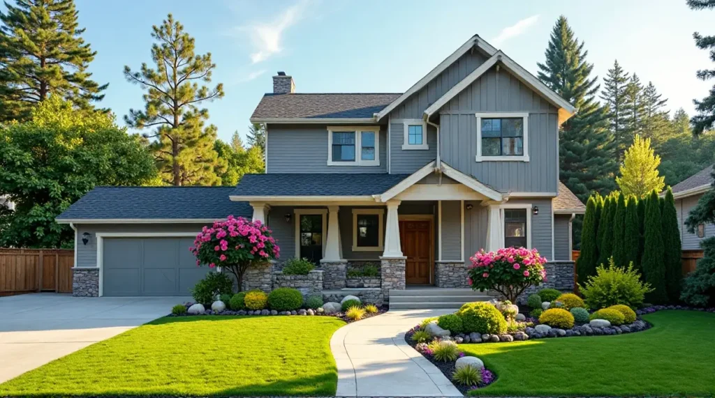 gray siding, garden oasis, home exterior, landscape design, color harmony