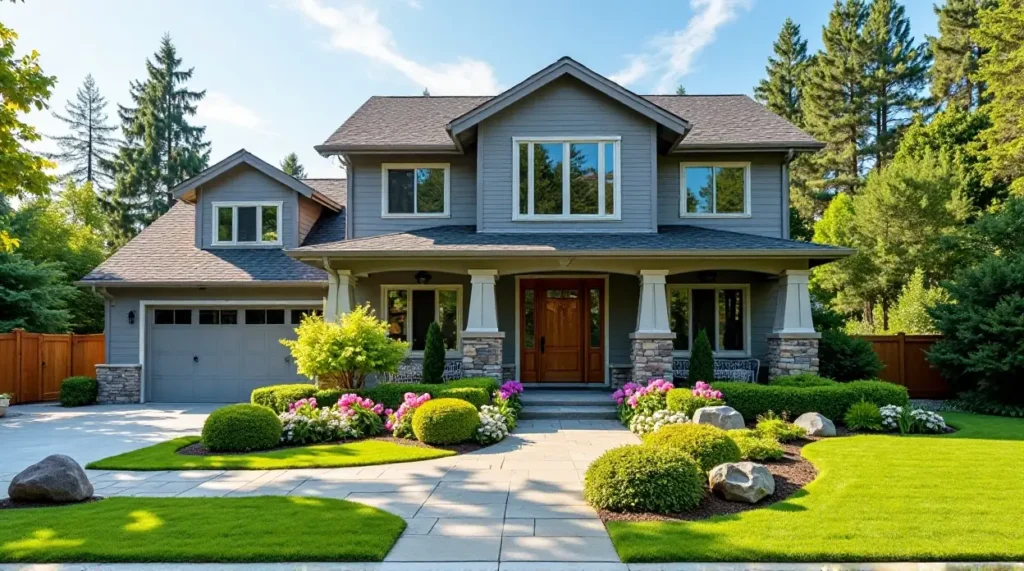 gray siding, garden oasis, home exterior, landscape design, color harmony