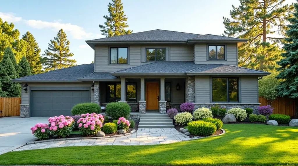 gray siding, garden oasis, home exterior, landscape design, color harmony