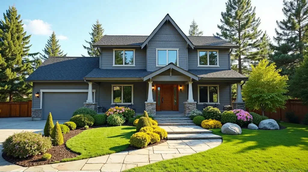 gray siding, garden oasis, home exterior, landscape design, color harmony