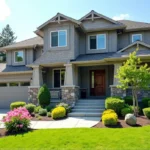 gray siding, garden oasis, home exterior, landscape design, color harmony