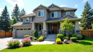 gray siding, garden oasis, home exterior, landscape design, color harmony