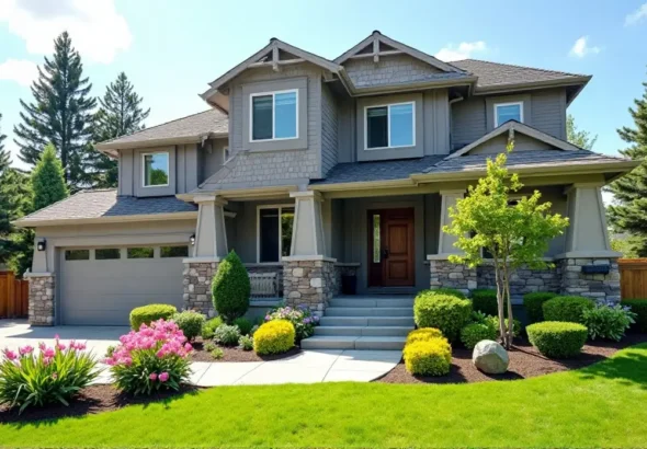 gray siding, garden oasis, home exterior, landscape design, color harmony