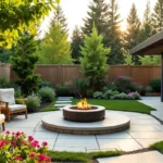 Modern Backyard Garden with Fire Pit Charm