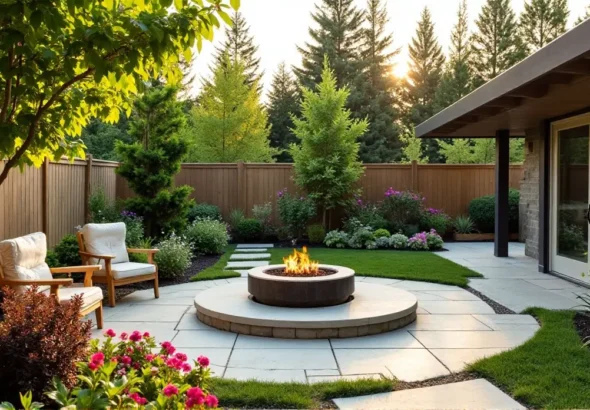 Modern Backyard Garden with Fire Pit Charm