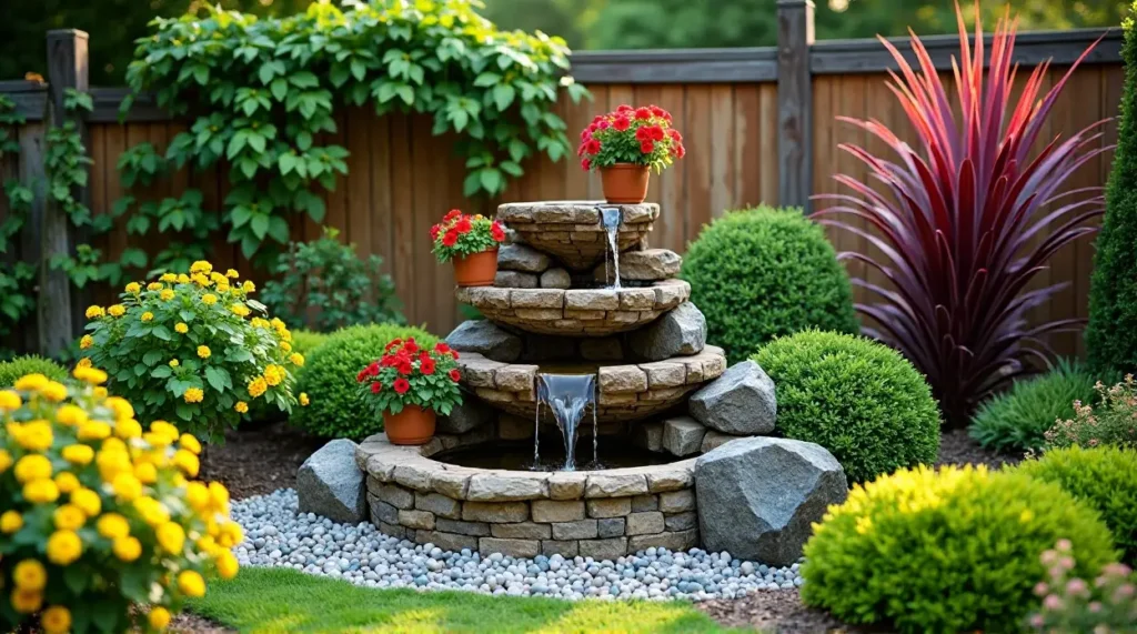 Serene Stone Waterfall: A Lush Garden Oasis in Bloom