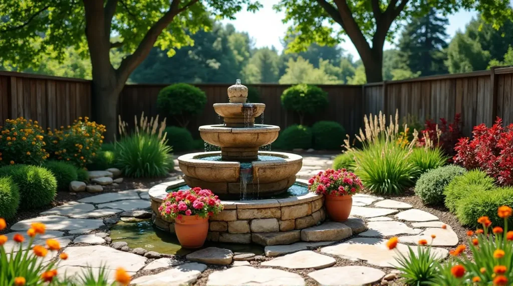 Serene Stone Waterfall: A Lush Garden Oasis in Bloom
