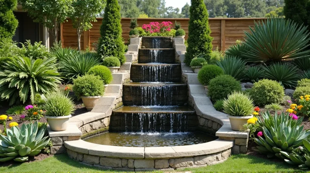 Serene Stone Waterfall: A Lush Garden Oasis in Bloom
