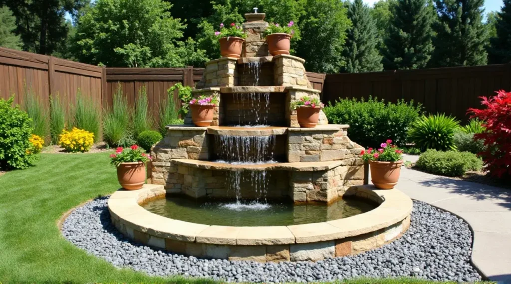 Serene Stone Waterfall: A Lush Garden Oasis in Bloom