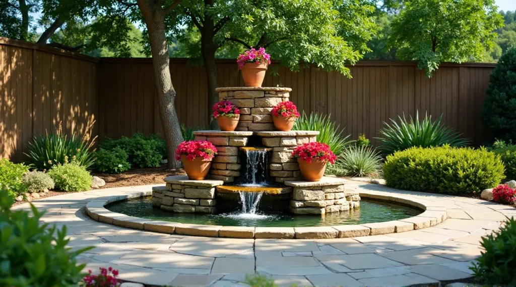 Serene Stone Waterfall: A Lush Garden Oasis in Bloom