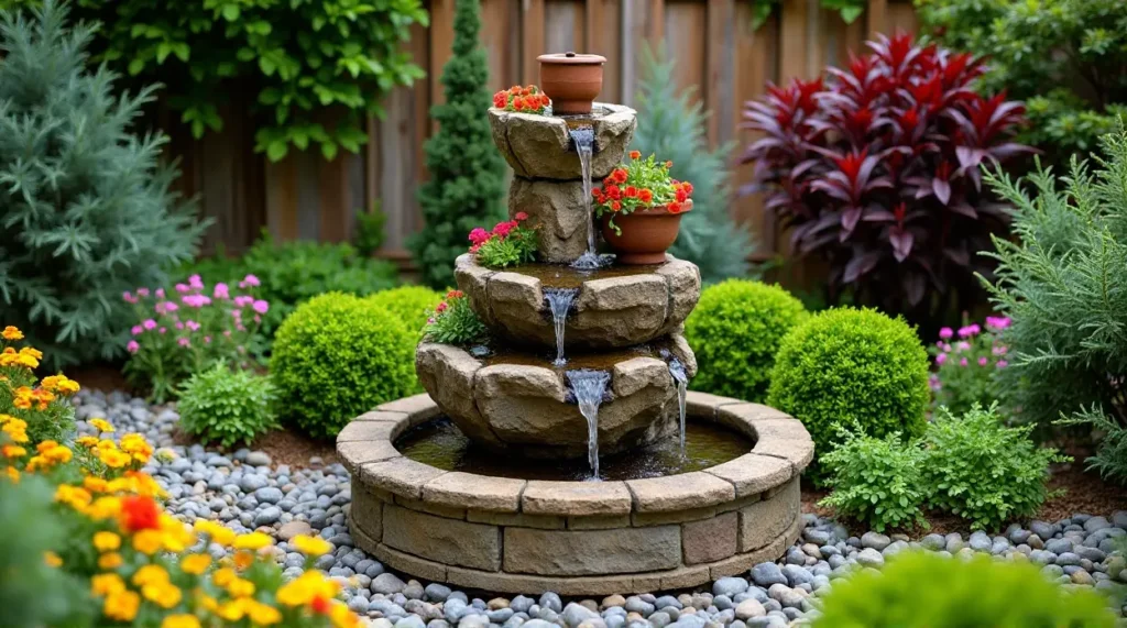 Serene Stone Waterfall: A Lush Garden Oasis in Bloom