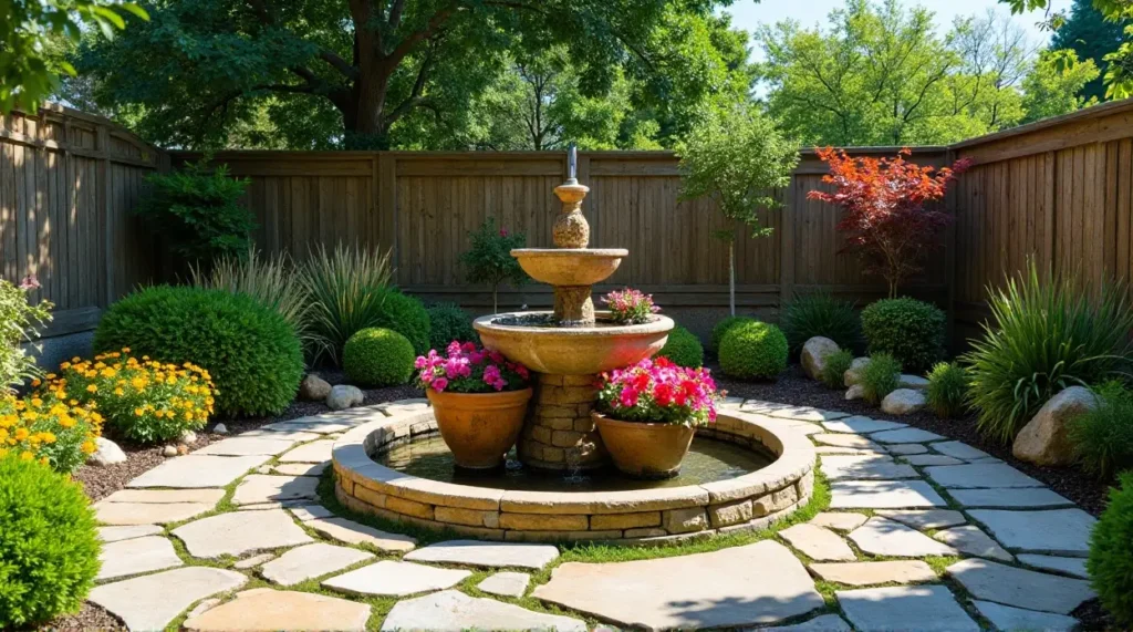 Serene Stone Waterfall: A Lush Garden Oasis in Bloom