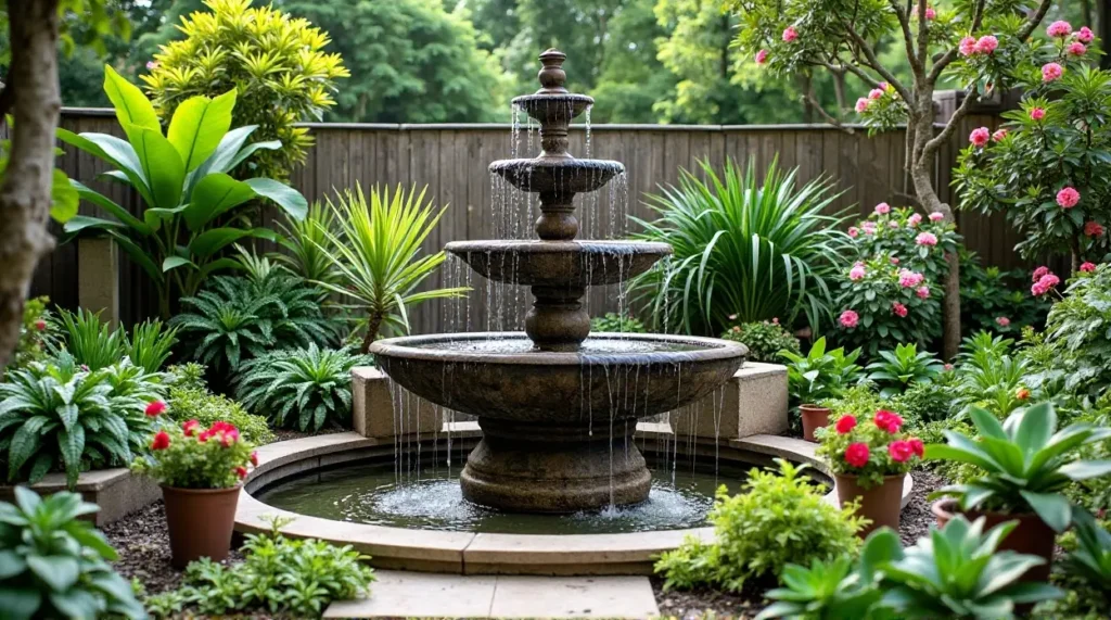 Serene Stone Waterfall: A Lush Garden Oasis in Bloom