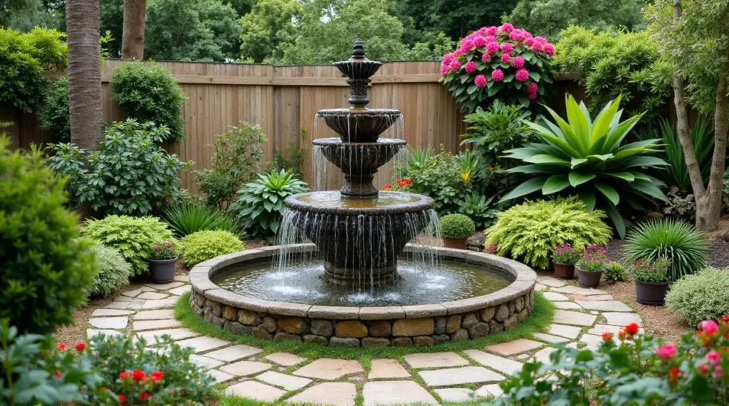 Serene Stone Waterfall: A Lush Garden Oasis in Bloom