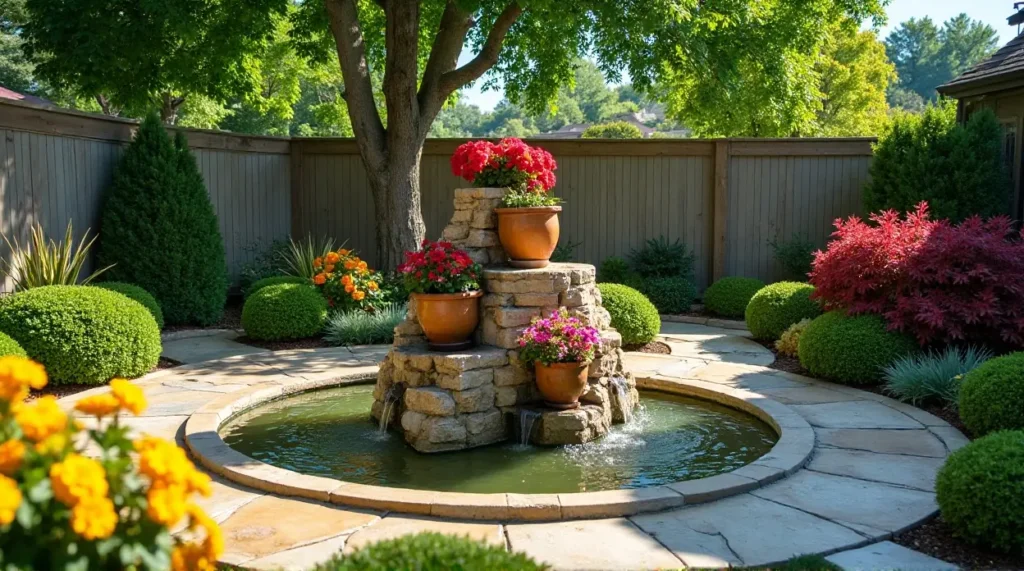 Serene Stone Waterfall: A Lush Garden Oasis in Bloom