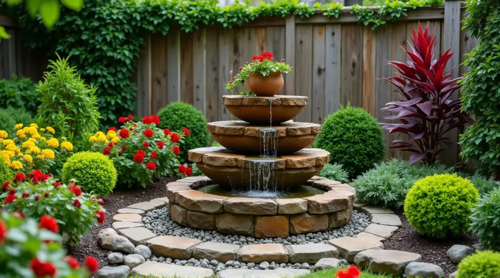 Serene Stone Waterfall: A Lush Garden Oasis in Bloom