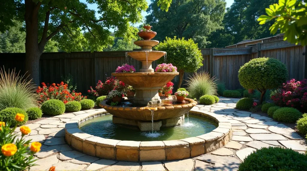 Serene Stone Waterfall: A Lush Garden Oasis in Bloom
