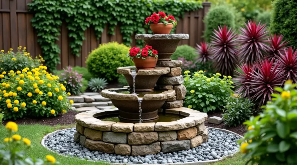 Serene Stone Waterfall: A Lush Garden Oasis in Bloom