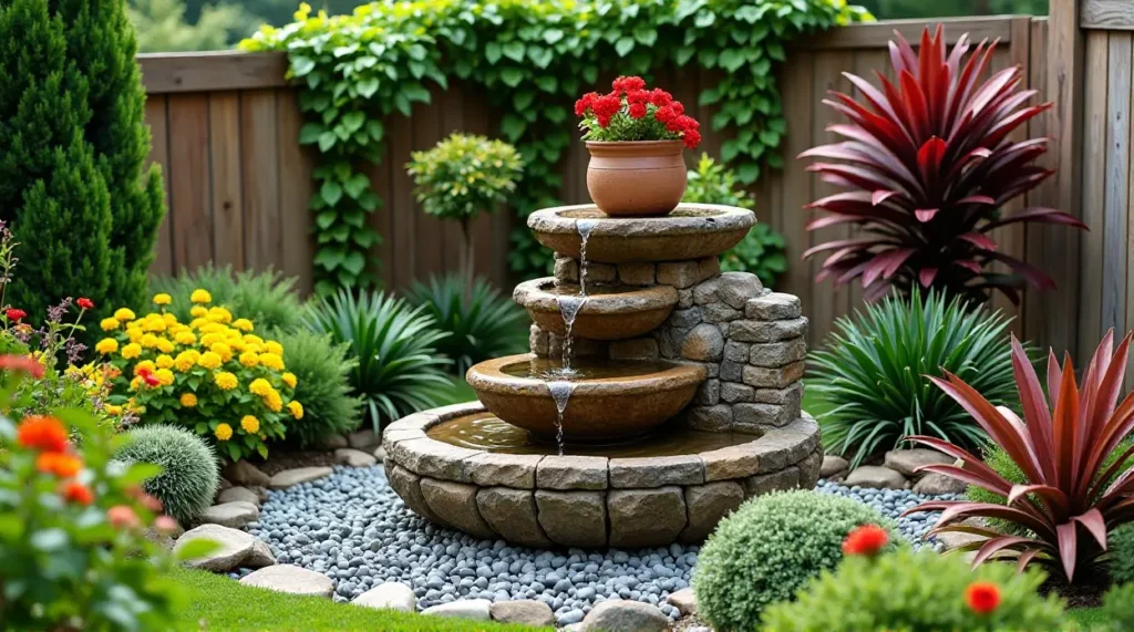 Serene Stone Waterfall: A Lush Garden Oasis in Bloom