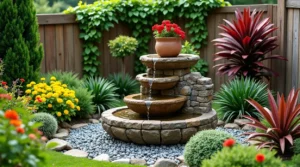 Serene Stone Waterfall: A Lush Garden Oasis in Bloom