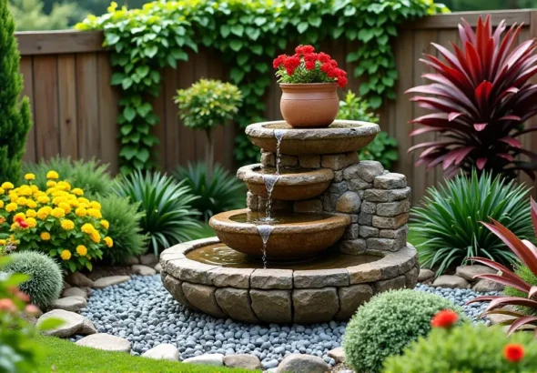 Serene Stone Waterfall: A Lush Garden Oasis in Bloom