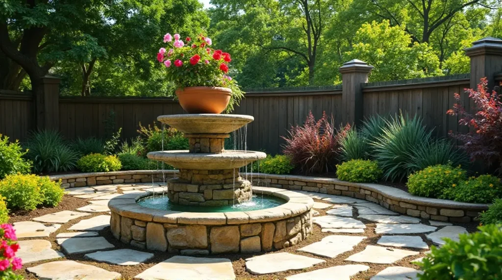Serene Stone Waterfall: A Lush Garden Oasis in Bloom