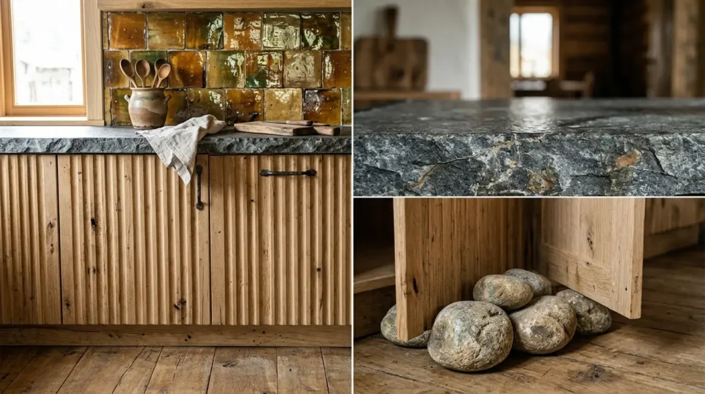 A rustic kitchen features wooden cabinets with vertical grooves and a rough stone countertop. The backsplash is made of glossy, multicolored tiles in earthy tones. A ceramic pot holding wooden utensils and a draped cloth are on the counter. Below, smooth stones are stacked under an open cabinet door.