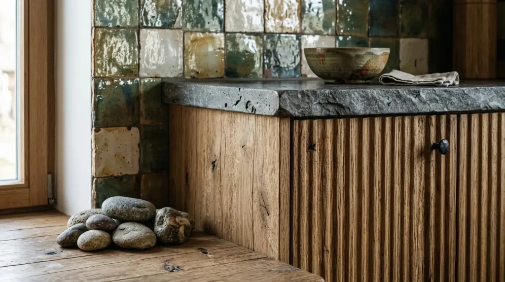 A rustic kitchen corner features a textured wooden cabinet with a dark stone countertop. A ceramic bowl and folded cloth rest on top, while a small stack of smooth stones decorates the wooden surface. The backsplash is composed of glossy, multicolored tiles, enhancing the earthy, natural feel.