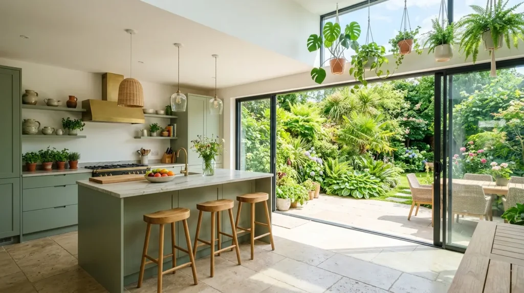 Bright biophilic modern kitchen opening to an outdoor garden, featuring sage green flat-panel cabinets and hanging indoor plants.