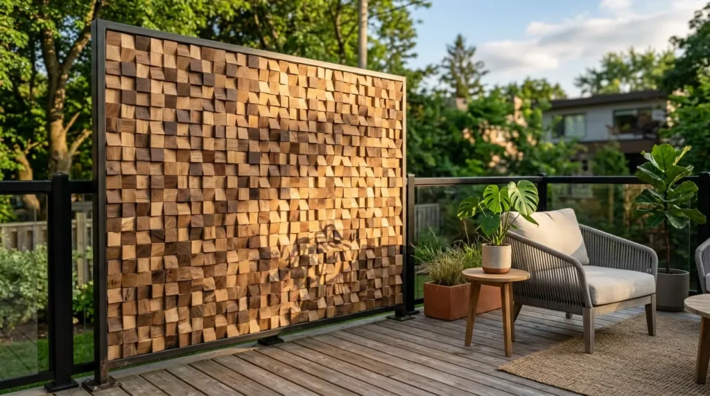 A modern patio features a textured wooden privacy screen with a geometric pattern, set against a backdrop of lush greenery. A cozy seating area includes a cushioned chair and a small wooden table with a potted plant, creating a serene outdoor space.