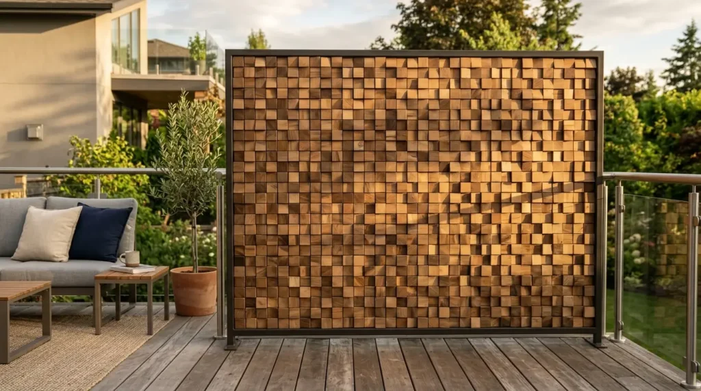 A stylish outdoor deck features a modern privacy screen made of interlocking wooden cubes, creating a textured pattern. The deck is furnished with a comfortable gray sofa with navy and white cushions, a wooden coffee table, and a potted plant, all set against a backdrop of greenery and a contemporary house.
