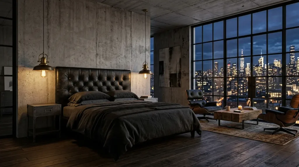 High-end industrial bedroom with polished concrete, black leather, and brass.