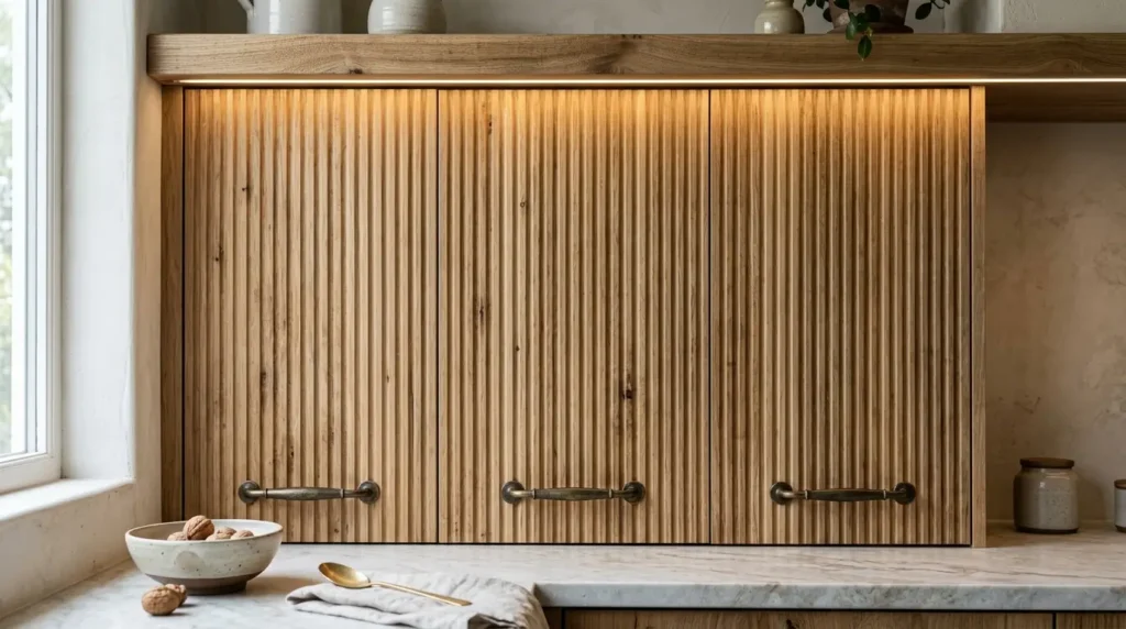 A wooden kitchen cabinet with vertical grooves is illuminated by warm under-cabinet lighting. Below, a marble countertop holds a bowl with walnuts, a gold spoon, and a folded cloth. Ceramic jars are arranged to the right.