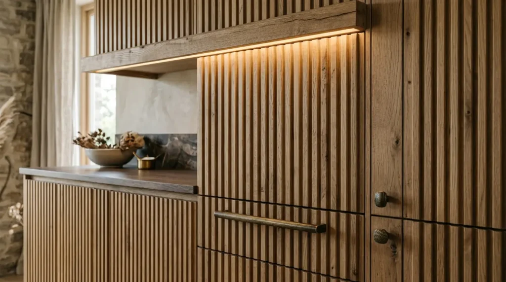 A stylish kitchen features wooden cabinetry with vertical grooves, enhanced by warm under-cabinet lighting. A countertop displays a decorative bowl and a small container, set against a stone backsplash. Natural light filters through a nearby window with curtains, adding a cozy ambiance.