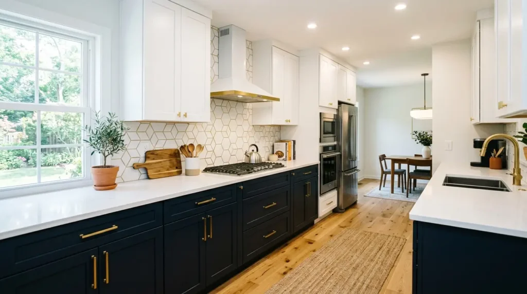 Dynamic two-tone modern kitchen design with matte navy blue base cabinets, bright white upper cabinets, and a geometric tile backsplash.