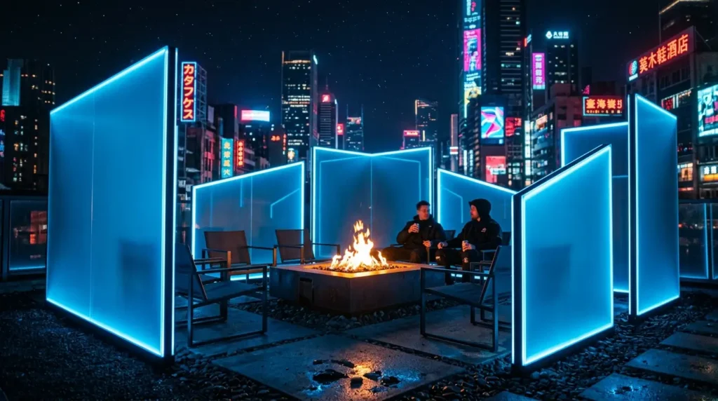 Two people sit by a glowing fire pit, surrounded by futuristic blue-lit panels on a rooftop at night. The city skyline in the background features brightly illuminated signs and skyscrapers, creating a vibrant urban atmosphere.