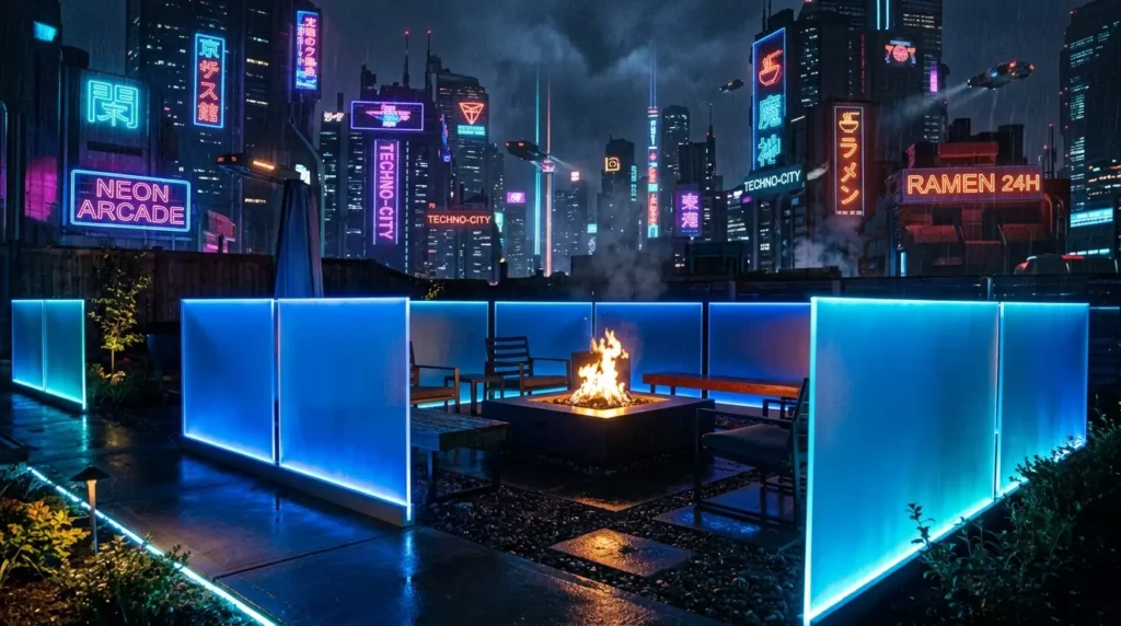 A futuristic cityscape at night features vibrant neon signs in various colors, advertising places like a "Neon Arcade" and "Ramen 24H." In the foreground, a cozy outdoor seating area with glowing blue partitions surrounds a central fire pit, creating a warm and inviting atmosphere amidst the rain-slicked pavement.