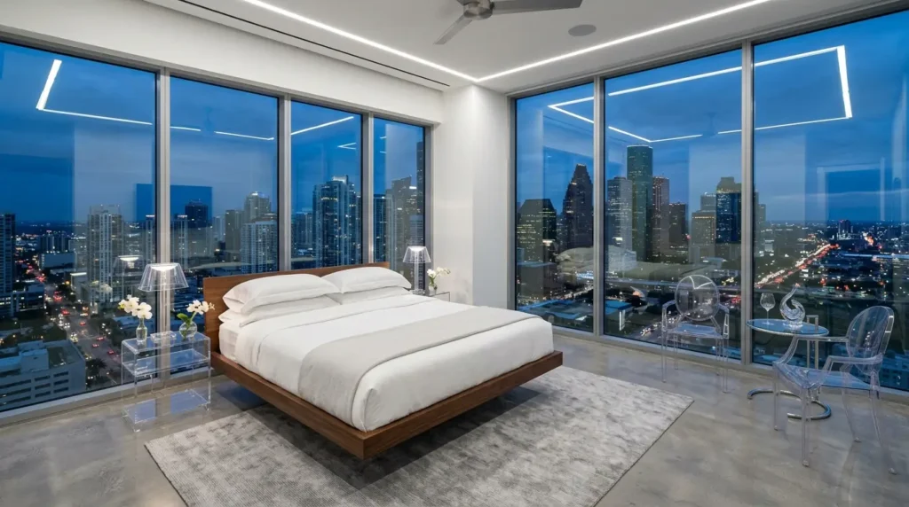 Minimalist bedroom with glass walls and transparent acrylic furniture.