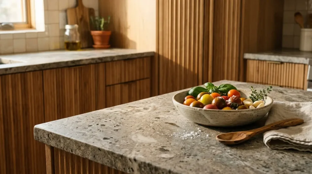 A kitchen with a speckled stone countertop features a bowl of colorful cherry tomatoes, garlic, and fresh herbs. A wooden spoon rests on a folded cloth nearby, while wooden cabinets and a window with a small potted plant enhance the warm, inviting atmosphere.