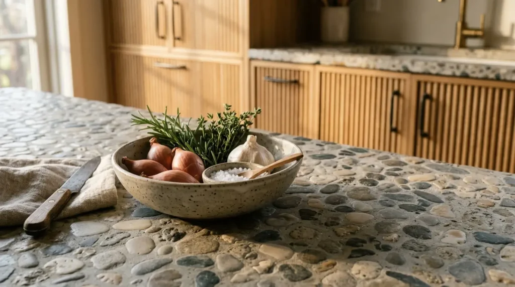 A rustic kitchen scene features a pebble-textured countertop with a speckled bowl containing red onions, garlic, and fresh herbs. A wooden-handled knife rests on a folded cloth nearby, and wooden cabinets are visible in the background.