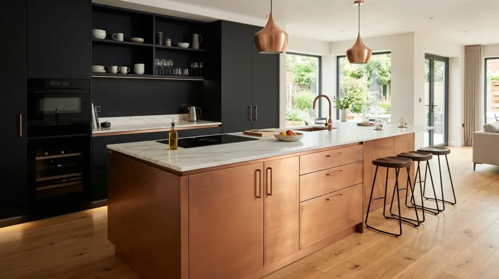 Sleek modern kitchen highlighting a brushed copper metallic island paired with matte black perimeter cabinets and white marble counters.