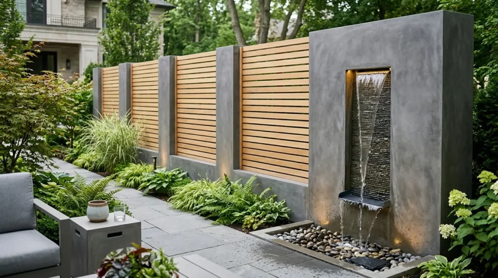 A modern garden features a sleek water fountain set against a wall with vertical wooden slats. The fountain's gentle stream flows into a bed of smooth pebbles. Lush greenery, including ferns and ornamental grasses, lines the stone pathway, creating a serene outdoor setting.