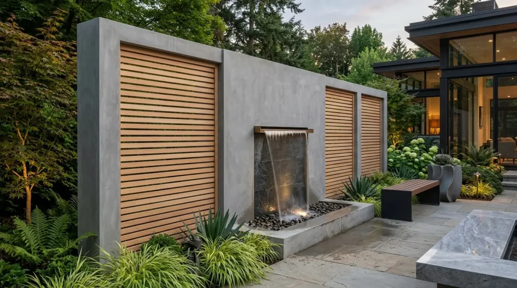 A modern outdoor patio features a sleek concrete wall with wooden slats and a cascading waterfall, surrounded by lush greenery. A wooden bench and contemporary planter add to the serene setting, with a glass-walled house visible in the background.