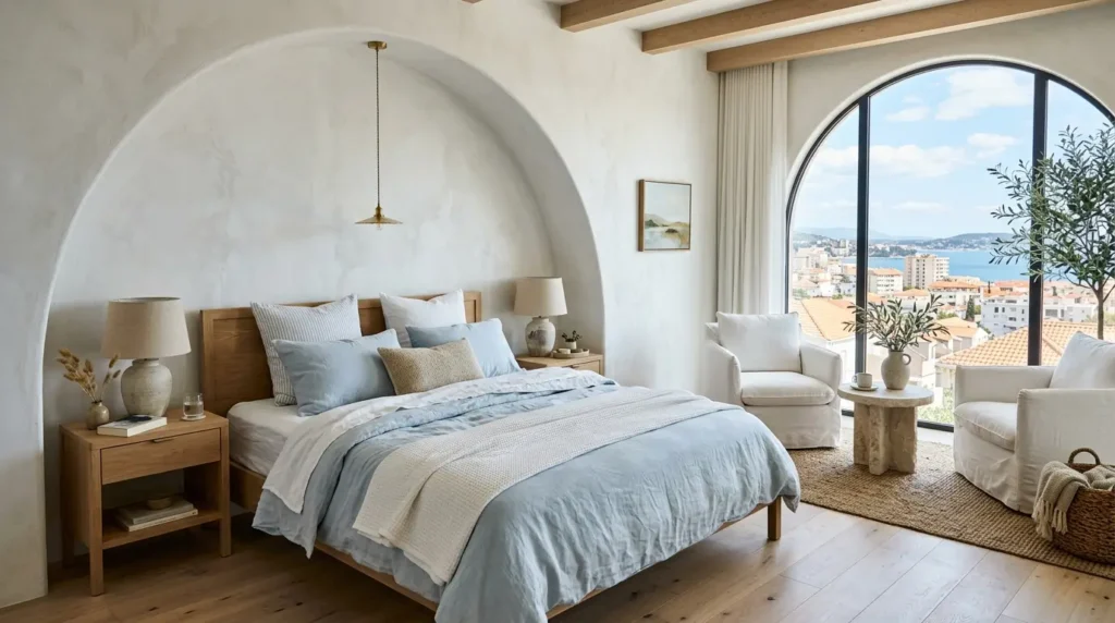 White lime-washed bedroom with arched windows and Mediterranean-modern decor.