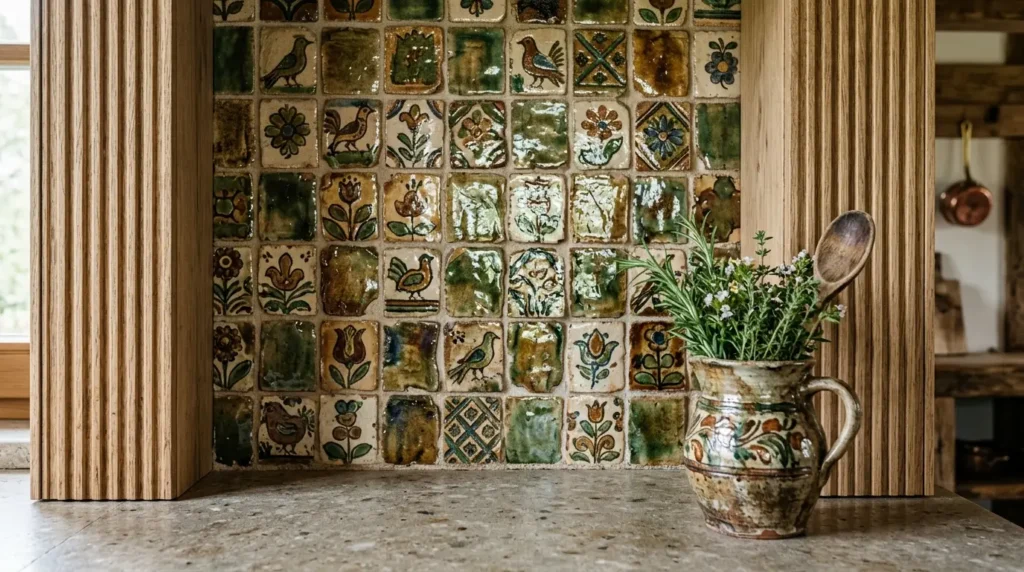 A rustic kitchen counter features a decorative ceramic pitcher filled with fresh herbs and a wooden spoon. The background showcases a charming tiled wall with colorful, intricate designs of birds and flowers, framed by wooden panels.