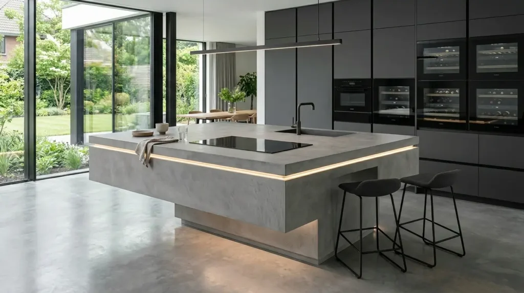 Cutting-edge architectural modern kitchen featuring an illuminated floating island with a sleek grey micro-cement finish.